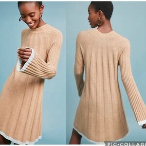 Green Dot by Anthropologie Arseneau Ribbed Camel Teal Trim Sweater Dress Size M